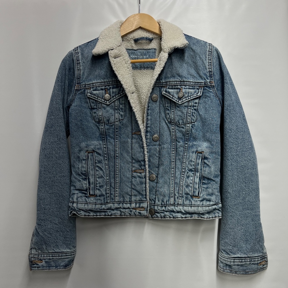Aeropostale Denim Sherpa Lined Trucker Jean Jacket Retro Light Wash XS